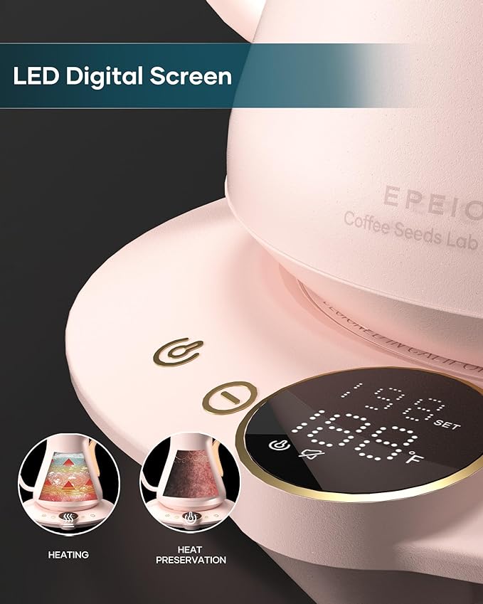 Gooseneck Electric Kettle with ±1℉ Temperature Control for Pour Over Coffee & Tea, Quick Heating, BPA-Free Stainless Steel, Built-in Brew Timer, 1500W/0.9L (Petal Pink)