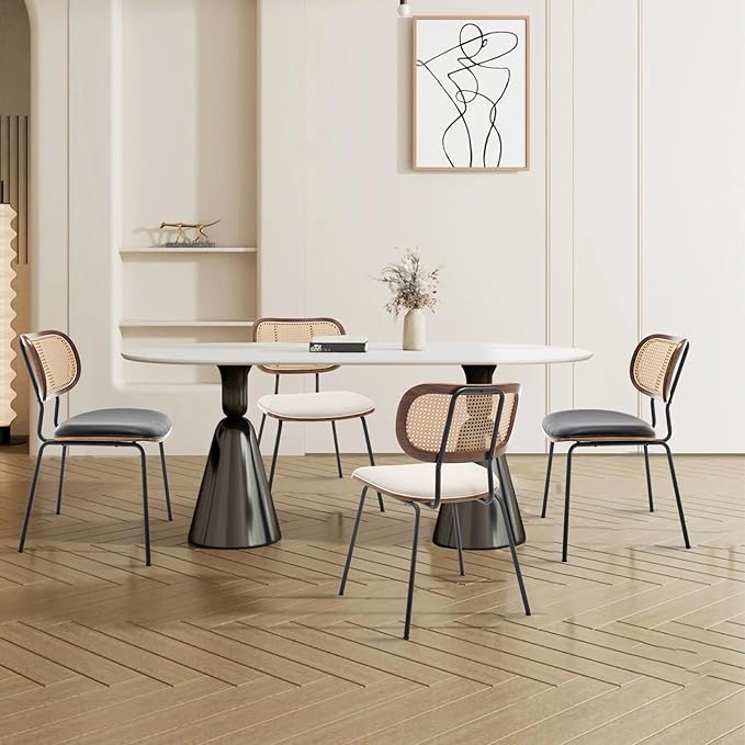 Rattan Dining Chairs Set of 4, Mid Century Modern Dining Chairs with Cane Back for Kitchen Dining Room, 19 Inch Faux Leather Beige