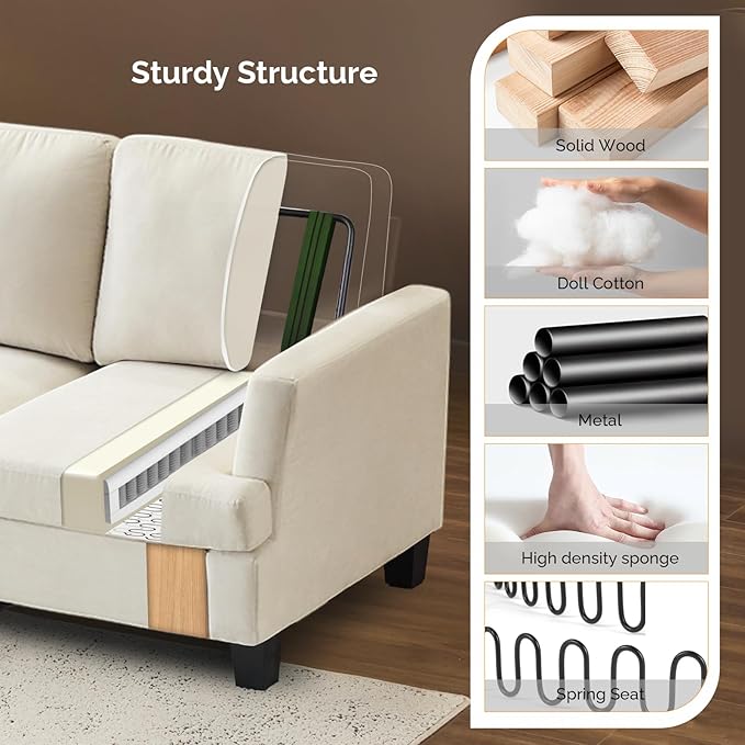 VINGLI White 83" Sofa Couches for Living Room, Faux Suede Modern Comfy 3 Seater Couch 25.6" Deep Seat Upholstery Cozy Sofas for Small Space, Bedroom, Apartment, Home Office