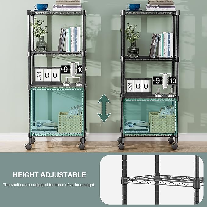 4-Shelf Adjustable Heavy Duty Steel Wire Rack, Adjustable Storage Shelving Unit with Wheel for Kitchen, Garage, Laundry Black 11.8" D x 17.7" W x 40.8" H