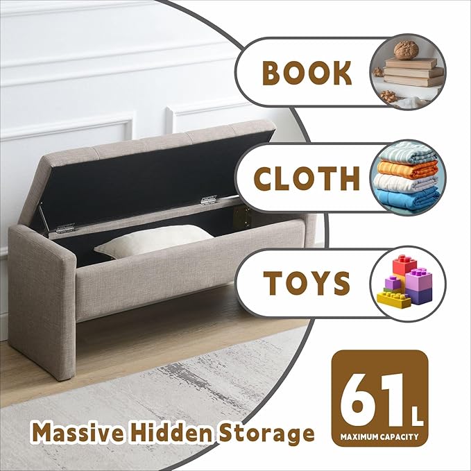 47.25'' Ottoman with Storage, End of Bed Storage Bench, Entryway Bench - Linen Upholstered Multi-Functional Footrest for Bedroom, Living Room, Dorm & Window Bench (Linen Grey Brown)
