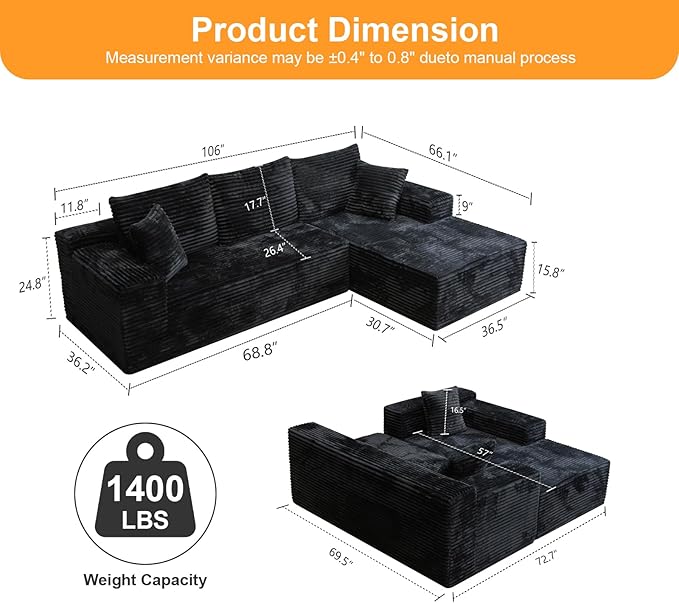 106'' Boneless Couches for Living Room, L Shaped Modular Sectional Sofa with Chaise Lounge, Faux Rabbit Fur & Layered Cushion Deep Seat Cloud Couch, No Assembly (Black, Right Facing Chaise)