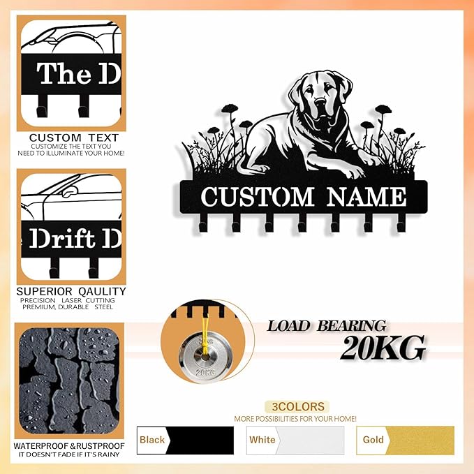 Personalized Key Holder Wall Mount, Custom Dog Metal Keys Holder for Wall with Name, Wall Key Hanger Rack with Hooks for Entryway, Front Door, Living Room, Kitchen, Bathroom, Garden