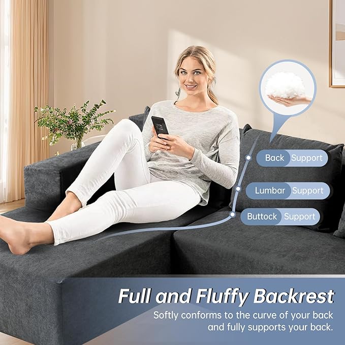 ANONER 103” Modular Sectional Sofa - L Shaped Upholstered Cloud Couch, Free Combination Deep Seat Corner Sofa, Sectional Couches for Living Room, Modern Minimalist Couch, Dark Grey