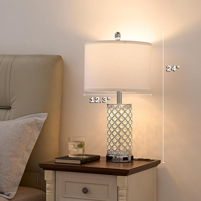 Crystal Table Lamps Set of 2, 3-Way Dimmable Bedside Lamp with 2 USB Ports & AC Outlets for Living Room Bedroom Nightstand Lamp Night Light (Silver- 2 Pack 24In)