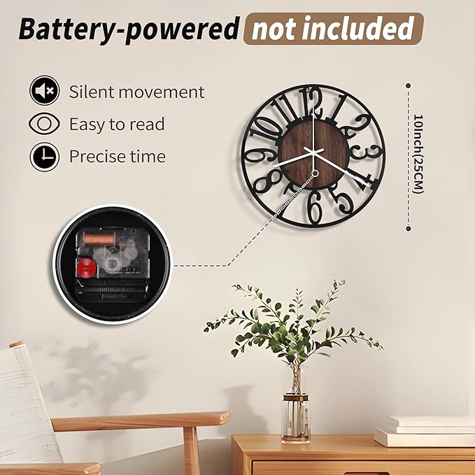 Maxstar Wall Clock Battery Operated,Silent Non-Ticking Modern Rustic Metal Round Clocks Small for Living Room/Bedroom/Office/Kitchen/Farmhouse Home Decor-10 Inch(Brown-Wood)