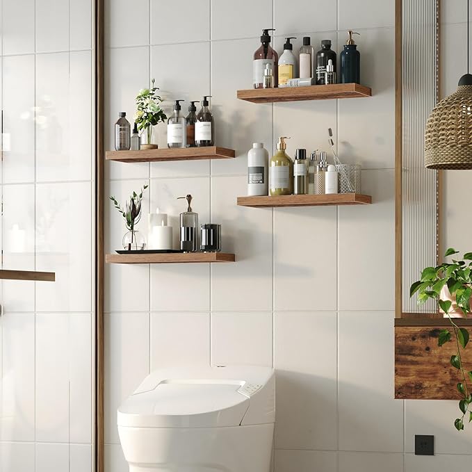 HOOBRO Floating Shelves for Wall, Wall Mounted Shelf Set of 2, 23.6" Hanging Shelf with Invisible Brackets, for Wall in Bathroom, Bedroom, Toilet, Kitchen, Living Room, Office, Rustic Brown BF60BJ01