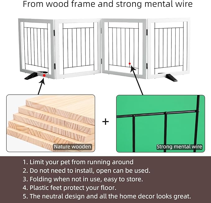 ZJSF Freestanding Dog Gate Indoor, Foldable Dog Fence for Doorways,Hallways or Stairs, Sturdy Wood Extra Wide Pet Gate with Support Feet,White,24 "Height-4 Panels