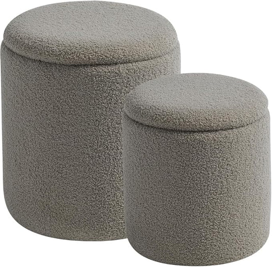 Round Ottoman with Storage Set of 2-Upholstered Sherpa Vanity Stool for MakeupMultifunctional Ottomans Coffee Table Padded Seat Foot Rest for LivingRoom&Bedroom(Sherpa Gray)