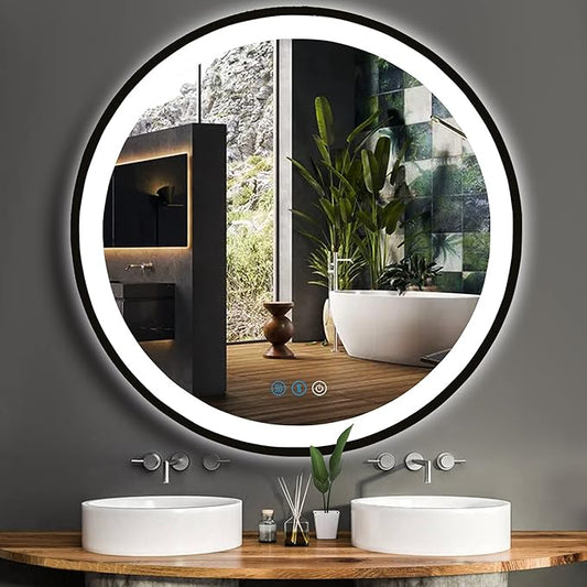 36 Inch Round Black Frame LED Bathroom Mirror with Lights for Bathroom Wall Lighted Vanity Mirrors Anti Fog 3 Color Dimmable Circle Bathroom LED Smart Light Mirrors Makeup Vanity LED Mirror