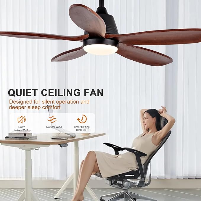 42 Inch Wood Ceiling Fans with Lights and Remote, Modern Ceiling Fan with Light, 5 Blades, Dimmable, Wall Switch, Memory Function, Indoor Outdoor Black Ceiling Fan for Patio Bedroom