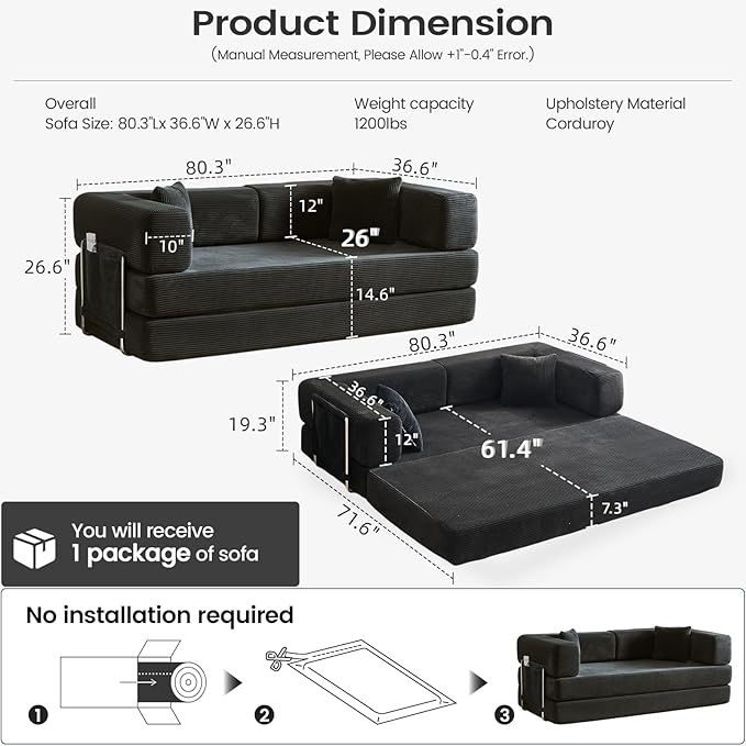 Folding Sofa Bed Convertable Corduroy Couch King Size Floor Sleeper 4-in-1 DIY Combination Modular Sofa Fold Out Futon Lounge Comfy Foldable Lazy cama for Living Room (Black, 80.15")
