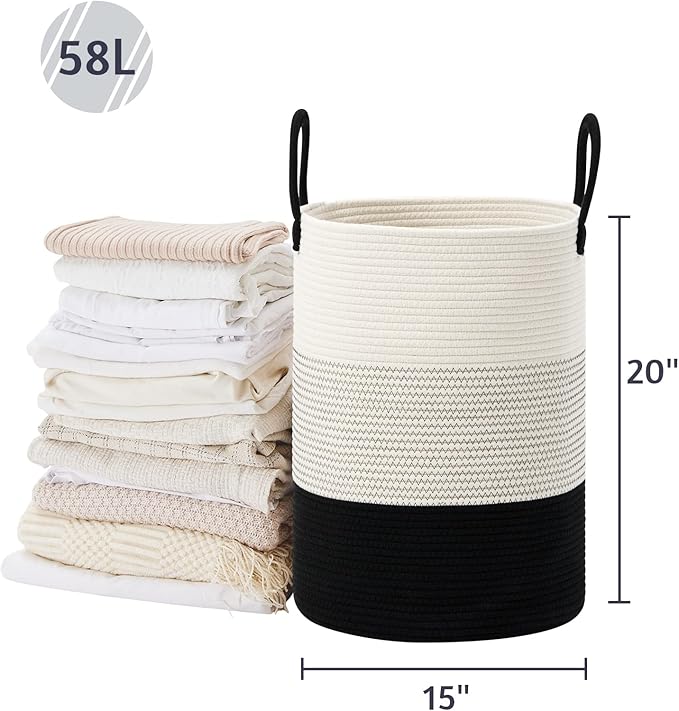 VIPOSCO Large Laundry Hamper, Tall Woven Rope Storage Basket for Blanket, Toys, Dirty Clothes in Living Room, Bathroom, Bedroom - 58L White & Black