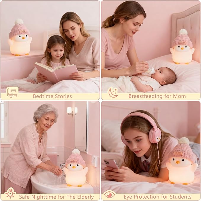 Penguin Night Light, Cute Pink Penguin Lamp with Knit Hat, Soft Silicone Nursery Nightlight for Baby, Rechargeable/Dimmable/Timer,LED Squishy Novelty Animal Bedside Lamp,Funny Gifts for Kids