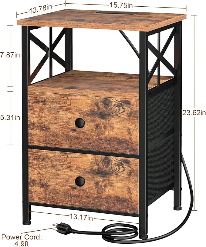 AMHANCIBLE End Table Living Room with Charging Station, Side Table with Fabric Drawer, Small Side Table with USB Ports and Outlets for Small Spaces Rustic Brown and Black HET05XBR1