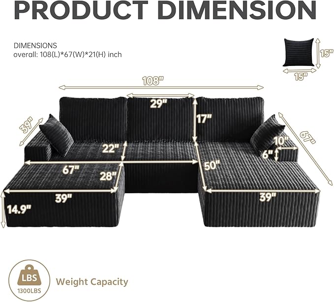 108" U Shaped Sectional Couch with Ottoman, Corduroy Modular Sectional Sofa with Deep Seat, Modern Modular L-Shape Sofa Couch with Chaise,Upholstered Boneless Couches for Living Room Bedroom