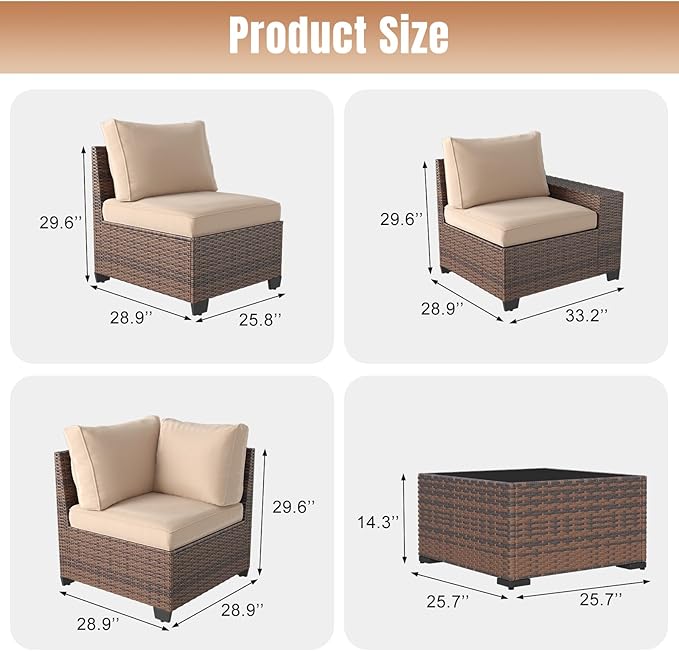 Aoxun 6 Pieces Patio Furniture Set Wicker Rattan Outdoor Sectional Conversation Set with Coffee Table and 4” Thickened Cushions, Beige (Waterproof Cover Included)