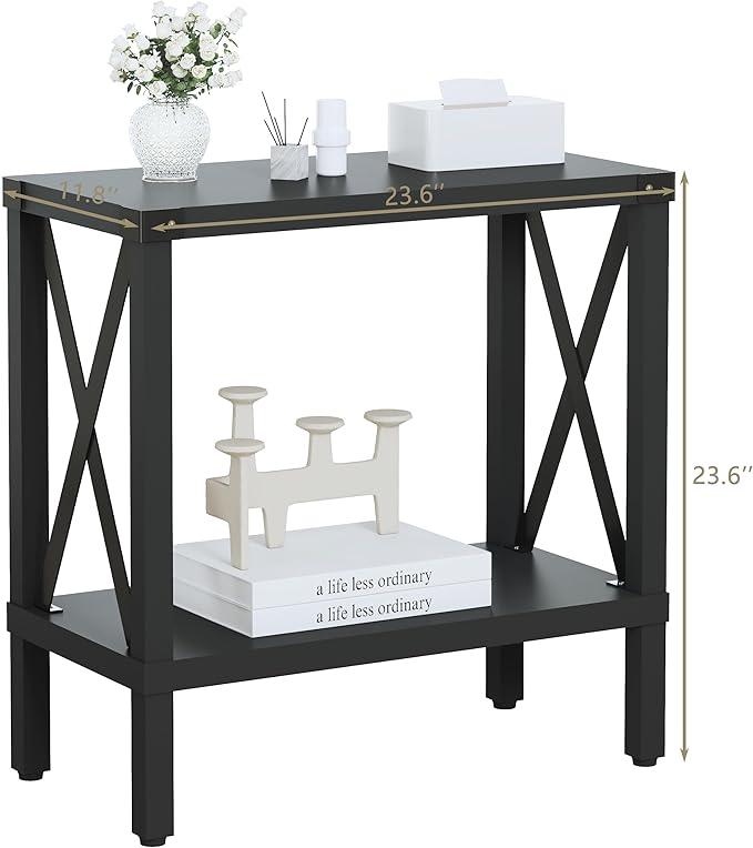 Narrow End Table, Large Sofa Side Table, Farmhouse Nightstand with Storage Shelve, Slim Bedside Table for Living, Room Bedroom, Lounge Black MLBZ17B