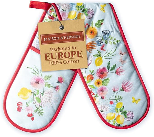 Maison d' Hermine Double Oven Mitts 100% Cotton 7"x35" Double Oven Mitt BBQ Cooking Gloves with Loop, Baking, Grilling, Handling Hot Pans, Jardin D'Ete - Mint - Spring/Summer