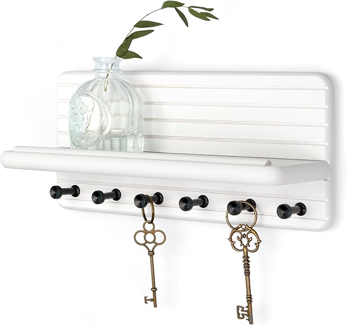 Rebee Vision Decorative Key Holder Wall Mount for Home Organization – 11-inch Pine Wooden Key Holder for Wall with 6 Hooks & Floating Shelf - Modern Farmhouse Home Decor (White)