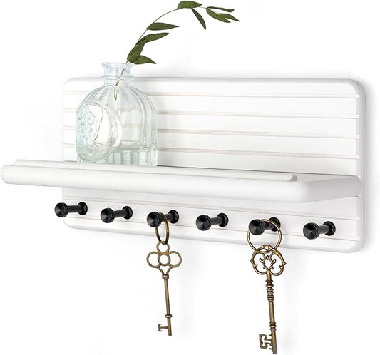 Rebee Vision Decorative Key Holder Wall Mount for Home Organization – 11-inch Pine Wooden Key Holder for Wall with 6 Hooks & Floating Shelf - Modern Farmhouse Home Decor (White)