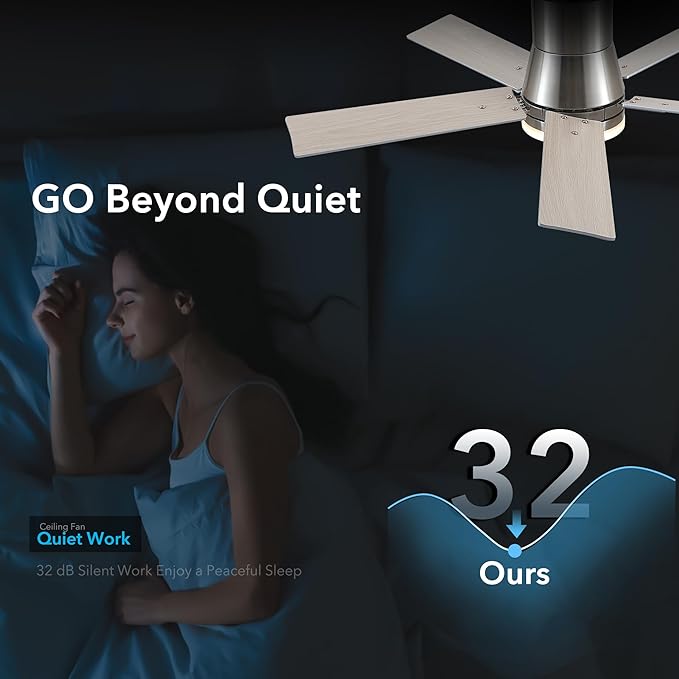 Rayqueen 42 Inch Ceiling Fans with Lights and Remote,Flush Mount Brushed Nickel Ceiling Fan,6 Speed Reversible DC Motor,3CCT Dimmable LED-Low Profile Design for Bedroom, Living room & Covered Outdoor