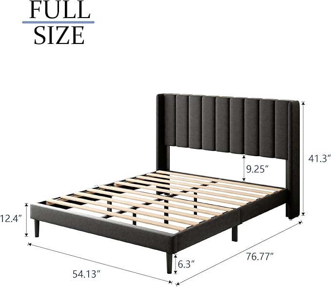 Full Size Bed Frame with Upholstered Wingback Headboard, Easy Assemnly Platform Bed, Wooden Slat Support No Box Spring Needed, Dark Gray