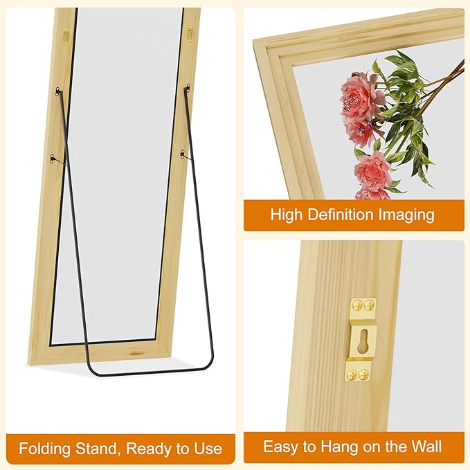 Full Length Mirror,65x22 Inch Full Length Mirror Wall Mounted,Vertical Hanging,Leaning Standing for Bedroom,Living Room,Rectangular Wooden Frame,Log Color.