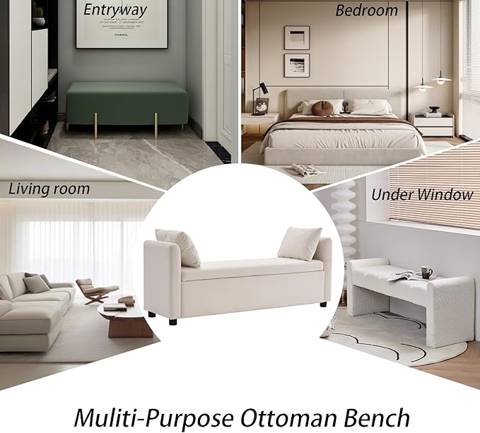 Storage Bench for Bedroom, 55" End of Bed Bench for King Size Bed, Modern Upholstered Long Ottoman Bench with Arms and 2 Pillows for Living Room/Entryway (Ivory White)