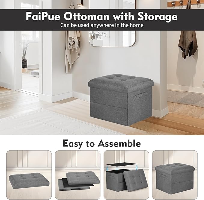 Storage Ottoman. Foot Rest Stool with Thicker Foam Padded Seat. Linen Footstool Storage Bench, 350 lbs Folding Bench Small Ottoman for Living Room, Bedroom, Coffee Table. 17x13x13in, Dark Gray