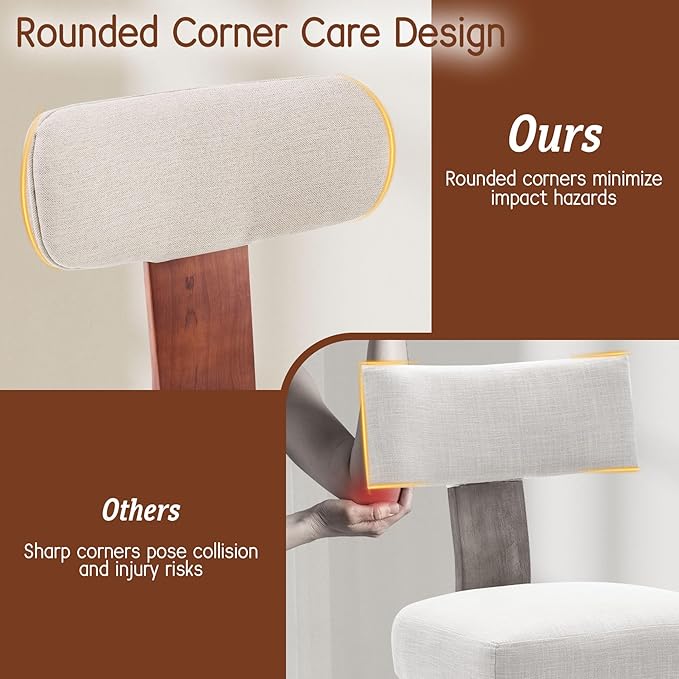 Dining Chairs Set of 3, Mid-Century Modern Upholstered Kitchen Chairs with Curved Backrest and Linen Fabric Seat, Wood Leg Accent Chairs for Dining Room, Living Room, Bedroom, Linen Beige