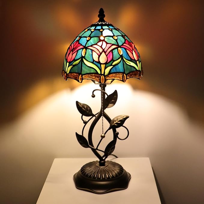 Small Tiffany Lamp Red Blue Tulips Style Stained Glass Table Lamps Desk Bedside Reading Light 8X8X18 Inches with Bronze Metal Leaf Resin Base