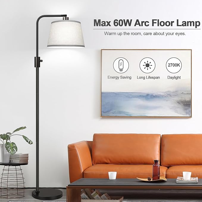 【Upgraded】 Dimmable Floor Lamp, 1000 Lumens LED Edison Bulb Included, Arc Floor Lamps for Living Room Modern Standing Lamp with Gray Shade, Tall Lamps for Living Room Bedroom Office Dining Room