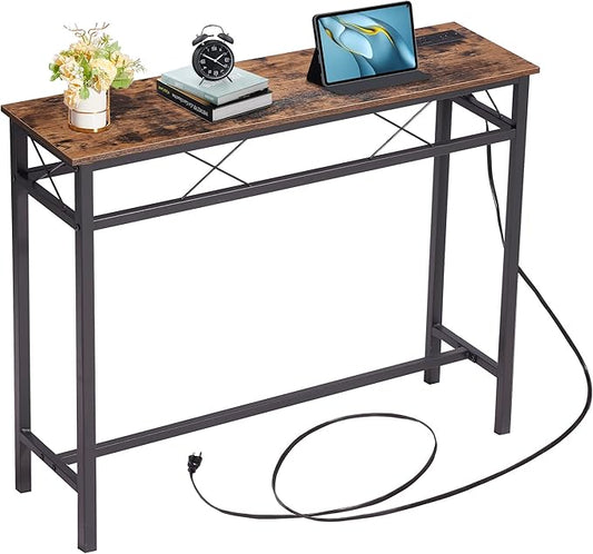 VECELO 39.4In Narrow Sofa/Console Table with Charging Station & Power Outlet and USB Ports, for Entryway, Living Room, Office, Industrial, Metal Frame, Brown
