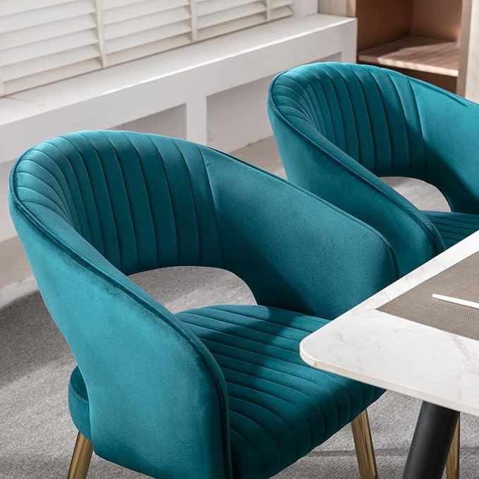 Modern Velvet Dining Chairs Set of 8, Upholstered Gold Dining Chairs with Hollow Back, Dining Room Chairs with Gold Legs, Accent Armrest Kitchen Chairs for Living Room Reception Teal Blue