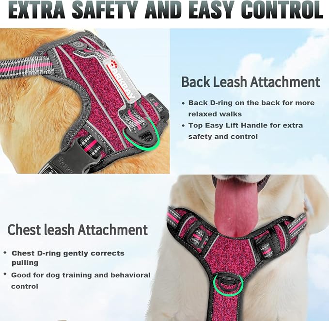 BARKBAY No Pull Dog Harness Large Reflective Dog Harness with Front Clip and Easy Control Handle for Walking Training Running with ID tag Pocket(Pink/Black,XL)