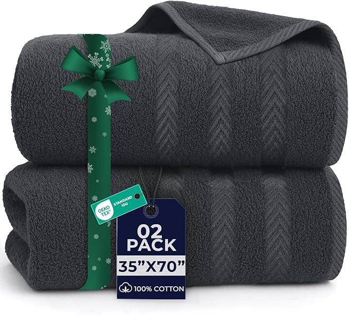 DAN RIVER 2 Pack Luxury Bath Sheets 35x70, 600 GSM, Soft & Quick Dry 100% Ring Spun Cotton Towels Ideal for Hotels, Spas, Gyms & Salons Extra Large, Dark Gray