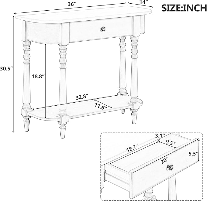 HMFULE Retro Curved Console Table, 36" Solid Wood Half Moon Console Table Sofa Table Entryway Table with 1 Drawer 1 Open Shelf Roman Legs Curved Corners for Living Room,Entryway,Hallway,Espresso