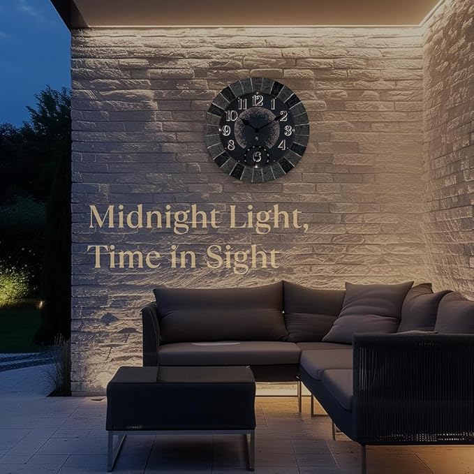 Presentime & Co 14" Illuminated in/Outdoor Clock with Smart Sensor and Night Light, Waterproof, Large Wall Clock with Thermometer, for Garden and Patio -Faux Slate.