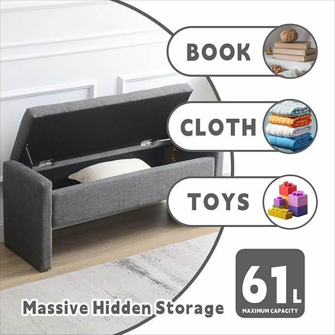 47.25'' Ottoman with Storage, End of Bed Storage Bench, Entryway Bench - Linen Upholstered Multi-Functional Footrest for Bedroom, Living Room, Dorm & Window Bench (Dark Grey)