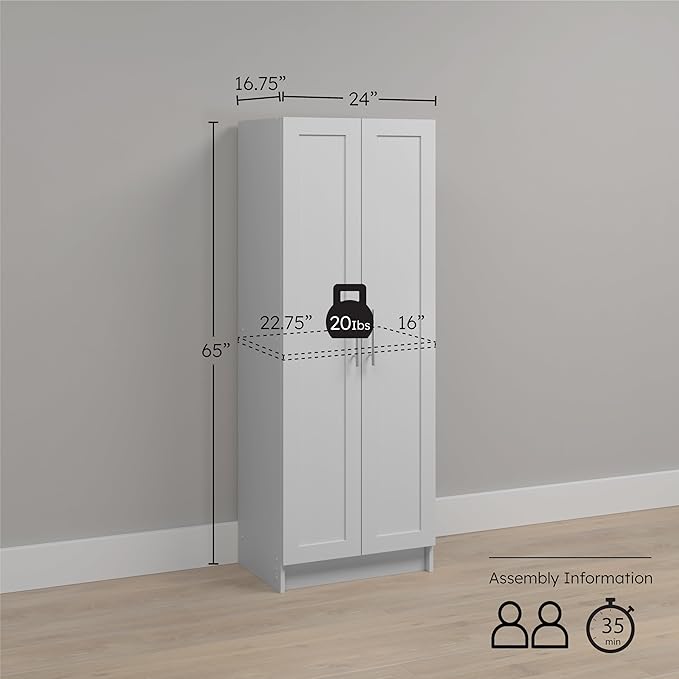 Prepac Elite Plus 24" Wide Storage Accent Cabinet with Panel Doors, White Storage Cabinet, Bathroom Cabinet, Pantry Kitchen with 3 Shelves 16.75" D x 24" W x 65" H