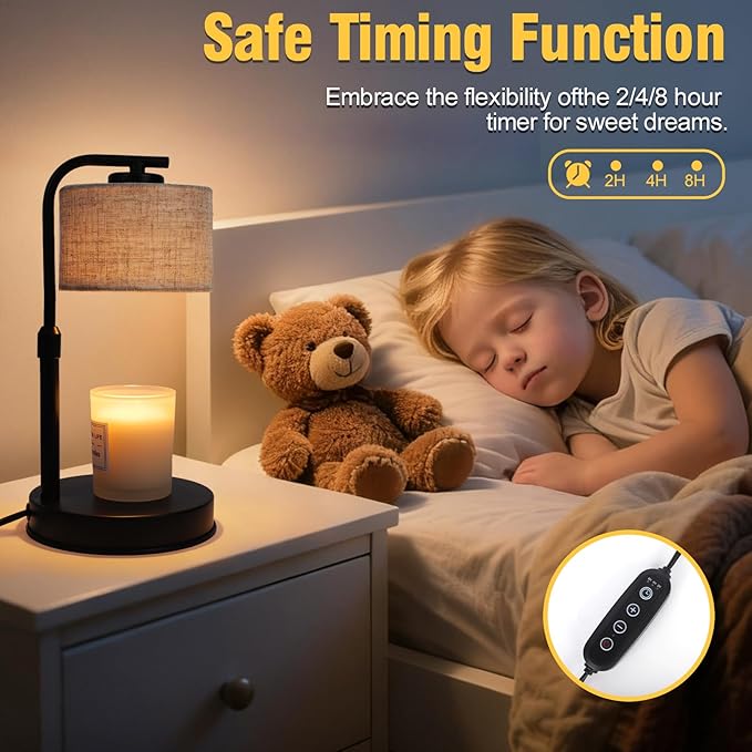 Candle Warmer Lamp with Timer,2 Bulbs, Metal Base and Adjustable Height Fabric Shade Candle Warmer Lamp for All Jar Candles, House Warming Decor Gifts, French Gold (Metal)