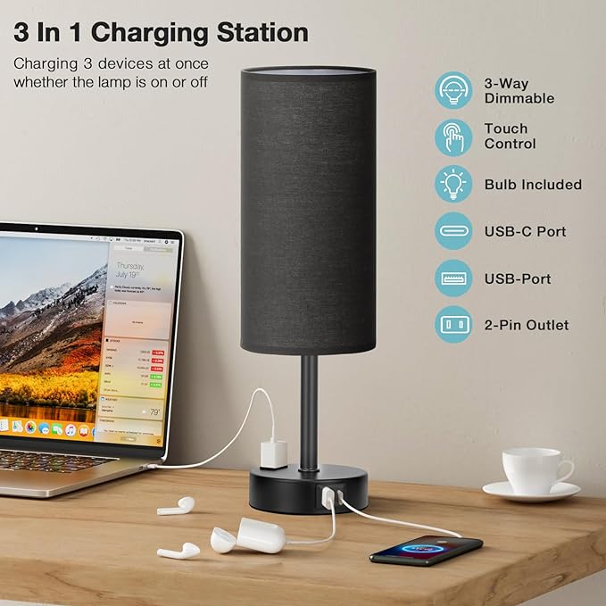 Fenmzee Black Bedroom Lamp for Nightstand - 3 Way Dimmable Bedside Lamp USB C A Charging Ports and AC Outlet, Small Table Lamp Black Base for Living Room, Office Desk, LED Bulb Included