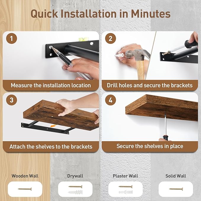 Floating Shelves for Wall, 1.5" Thick Wall Shelf Set of 3 with Invisible Bracket, L47.2 x W7.9 Hanging Shelves Farmhouse Home Decor for Bathroom, Living Room, Bedroom, Rustic Brown 12301BJP3BF