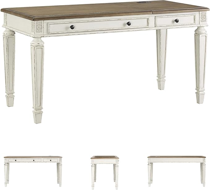 Signature Design by Ashley Realyn French Country 60" Home Office Lift Top Desk with USB Charging, Chipped White