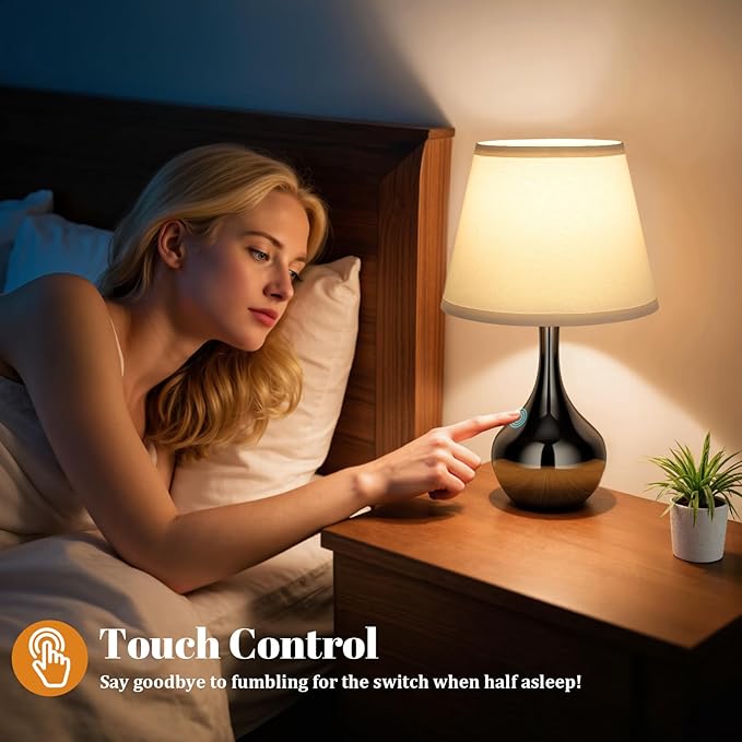 Seealle Touch Touch Table Lamps for Nightstand, 3-Way Dimmable Small Bedroom Lamps for Night Stands, Pearl-Black Bedside Lamps for Living Room, Kids Room, End Table(LED Bulb Included)