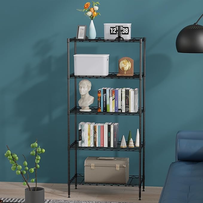 BestOffice 5-Shelf Storage Shelves, Adjustable Shelving Unit Wire Shelving Metal Shelves,11.6" D x 21.5" W x 47.6" H,Black