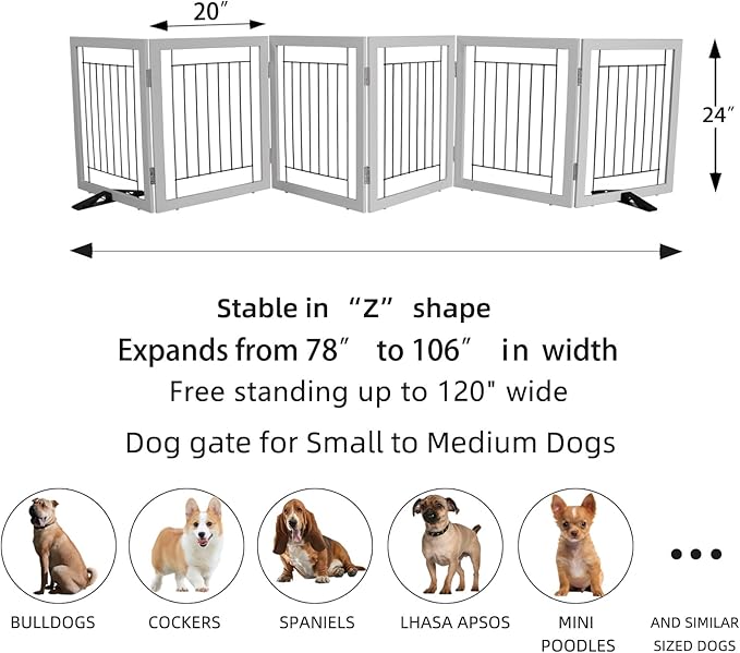 ZJSF Freestanding Dog Gate Indoor, Foldable Dog Fence for Doorways,Hallways or Stairs, Sturdy Wood Extra Wide Pet Gate with Support Feet,Grey,24 "Height-6 Panels