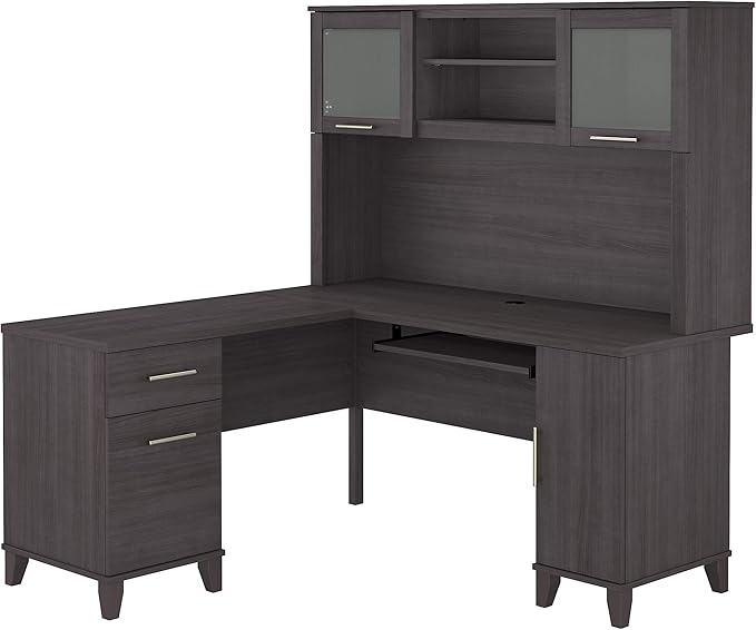 Bush Furniture Somerset 60W L Shaped Desk with Hutch in Storm Gray