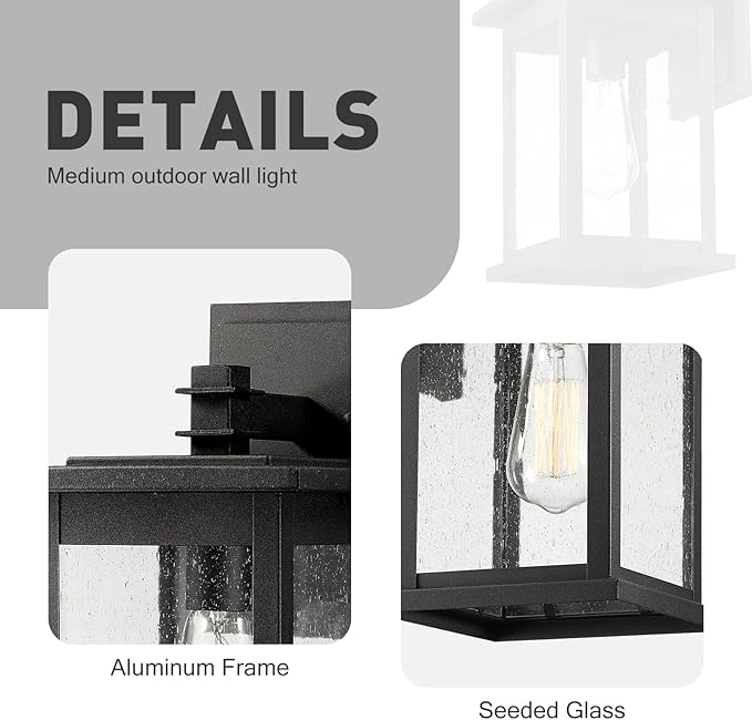 Emliviar Outdoor Wall Sconce, 1-Light Exterior Wall Lantern in Black Finish with Clear Seeded Glass, OS-1803EW1